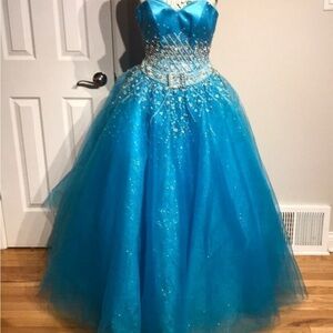 ✈️Turquoise Tulle Coquette Bead Embellish Evening Pageant Gown XV fairy Prom